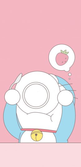 [2436x1125]哆啦A梦 叮当猫 粉色 可爱 卡通 漫画 动画 吃 苹果手机动漫壁纸图片