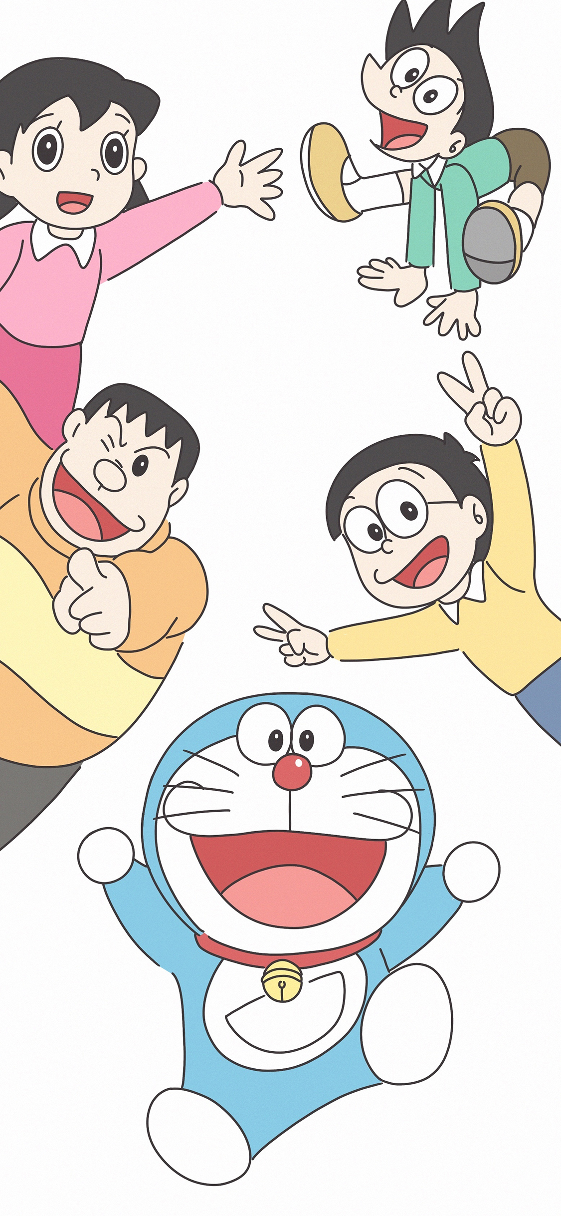[2436×1125]哆啦A梦 合照 大雄 小夫 胖虎 静香 叮当猫 苹果手机动漫壁纸图片