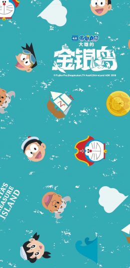 [2436x1125]哆啦A梦 大雄的金银岛 带我回家 动画片 卡通 电影 平铺 蓝色 苹果手机动漫壁纸图片