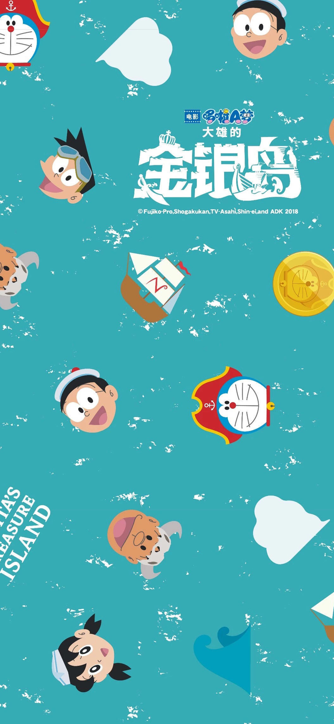 [2436×1125]哆啦A梦 大雄的金银岛 带我回家 动画片 卡通 电影 平铺 蓝色 苹果手机动漫壁纸图片