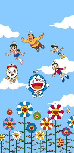 [2436x1125]哆啦A梦 太阳花 大雄 静香 小夫 胖虎 动画 苹果手机动漫壁纸图片