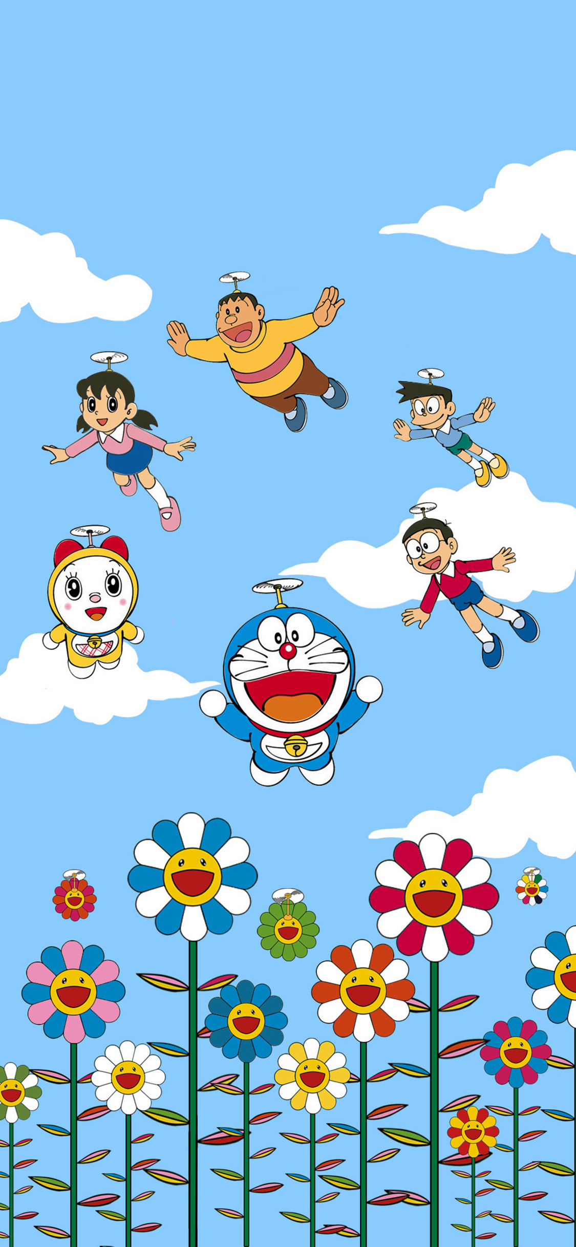 [2436×1125]哆啦A梦 太阳花 大雄 静香 小夫 胖虎 动画 苹果手机动漫壁纸图片