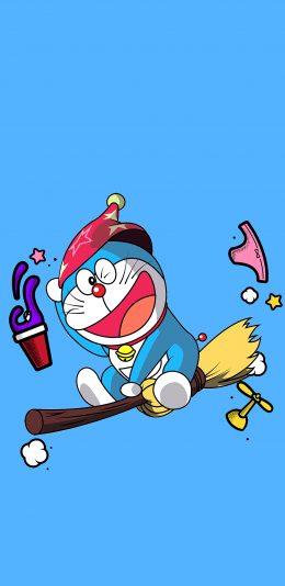 [2436x1125]哆啦A梦 日漫 卡通 蓝 扫把 苹果手机动漫壁纸图片