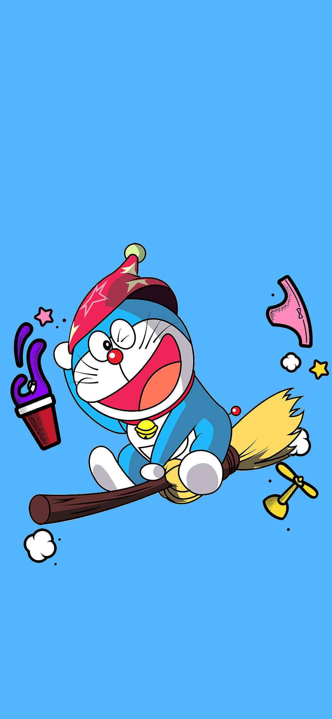 [2436×1125]哆啦A梦 日漫 卡通 蓝 扫把 苹果手机动漫壁纸图片
