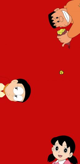 [2436x1125]哆啦A梦 红色 动画 大雄 胖虎 静香 苹果手机动漫壁纸图片
