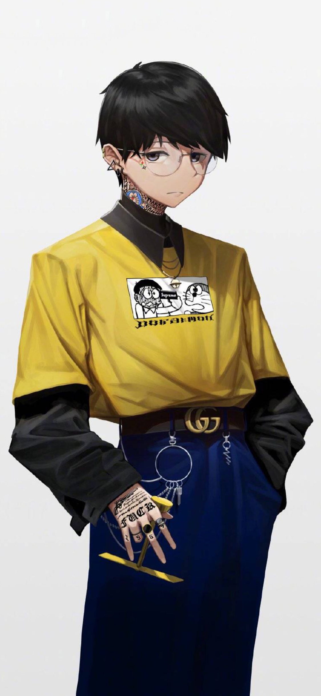 [2436×1125]哆啦A梦 野比大雄 潮人版 纹身 苹果手机动漫壁纸图片