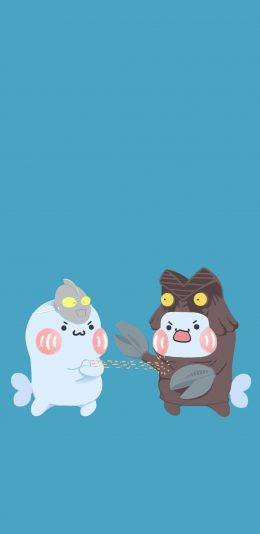 [2436x1125]哈啦鱼 卡通 蓝 奥特曼打怪兽 苹果手机动漫壁纸图片