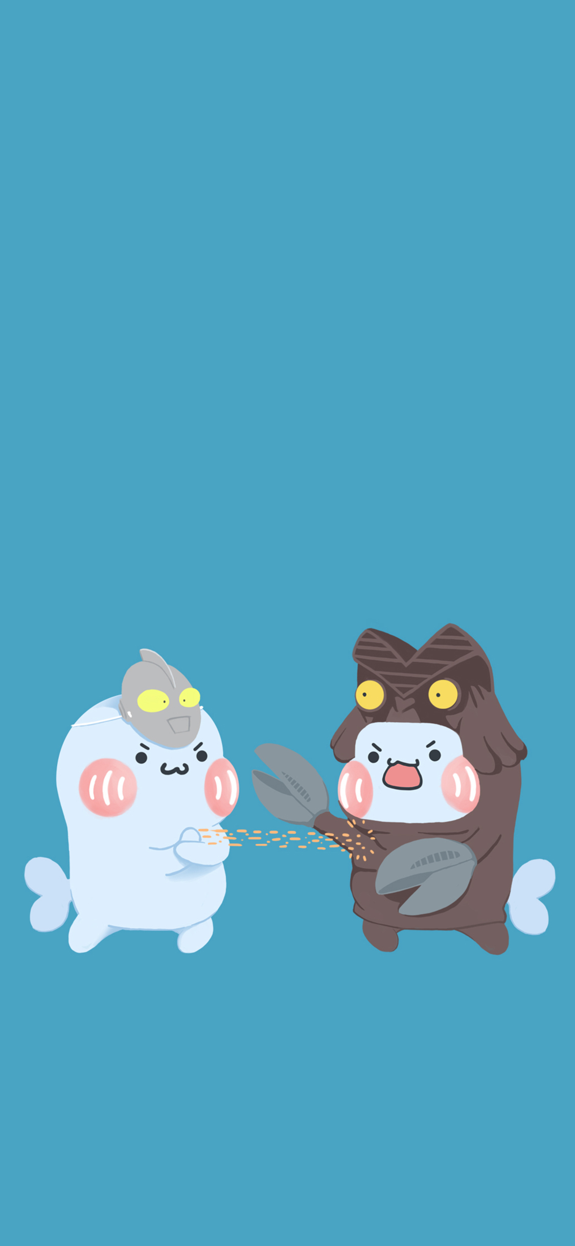 [2436×1125]哈啦鱼 卡通 蓝 奥特曼打怪兽 苹果手机动漫壁纸图片