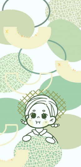 [2436x1125]哈密瓜 平铺 可爱 女孩 苹果手机动漫壁纸图片