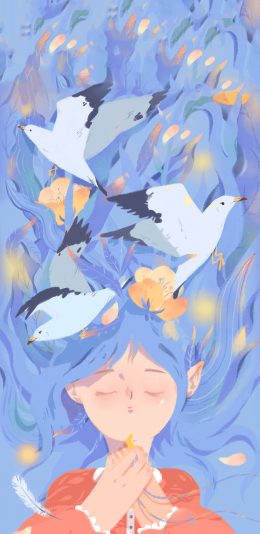 [2436x1125]唯美插画 女孩 飞鸟 许愿 苹果手机动漫壁纸图片