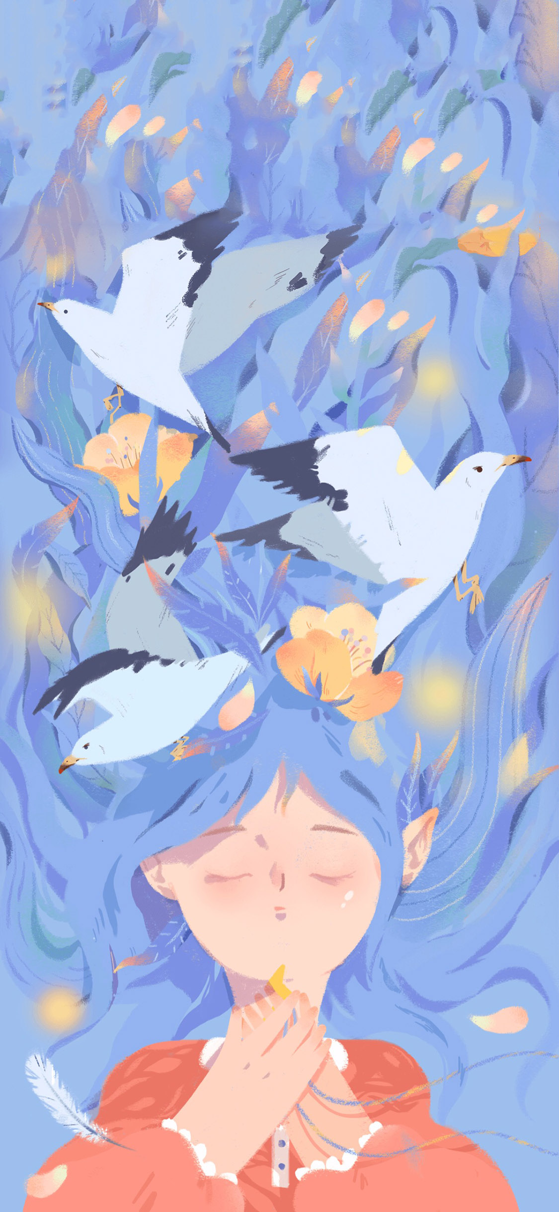 [2436×1125]唯美插画 女孩 飞鸟 许愿 苹果手机动漫壁纸图片