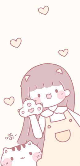 [2436x1125]喵 小女孩 猫咪 爱心 可爱 猫爪 苹果手机动漫壁纸图片