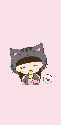 [2436x1125]喵 鱼 情侣 粉 创意 苹果手机动漫壁纸图片