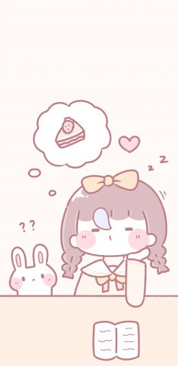 [2436x1125]困 爱心 草莓蛋糕 女孩 兔子 苹果手机动漫壁纸图片