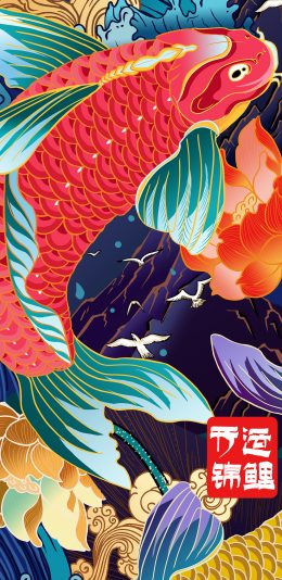 [2436x1125]国潮 东来也 开运锦鲤 好运 苹果手机动漫壁纸图片