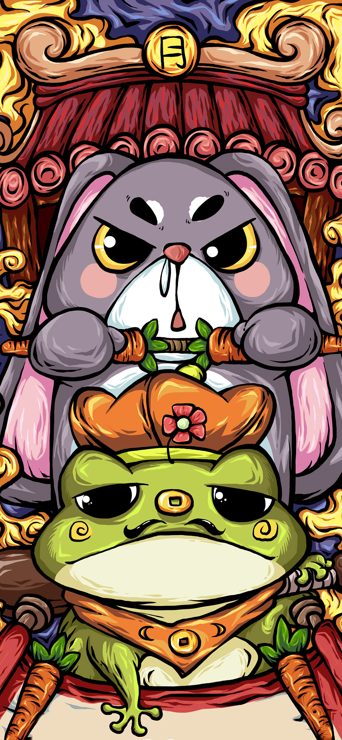 [2436×1125]国潮 青蛙 兔子 东来也 苹果手机动漫壁纸图片