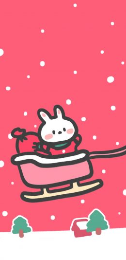 [2436x1125]圣诞节 卡通 兔兔 雪橇车（取自微博：安心队长） 苹果手机动漫壁纸图片