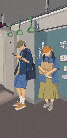 [2436x1125]地铁 插图 男孩 女孩 苹果手机动漫壁纸图片