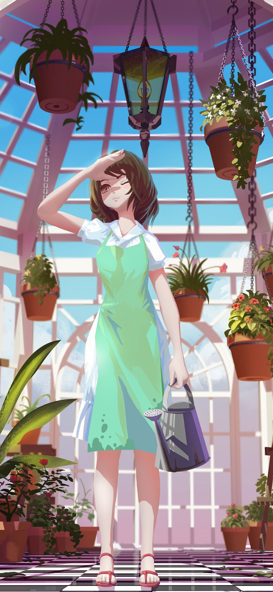 [2436×1125]场景 二次元 动漫少女 浇花 苹果手机动漫壁纸图片