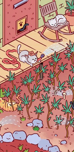 [2436x1125]场景 卡通猫咪 浇水 苹果手机动漫壁纸图片