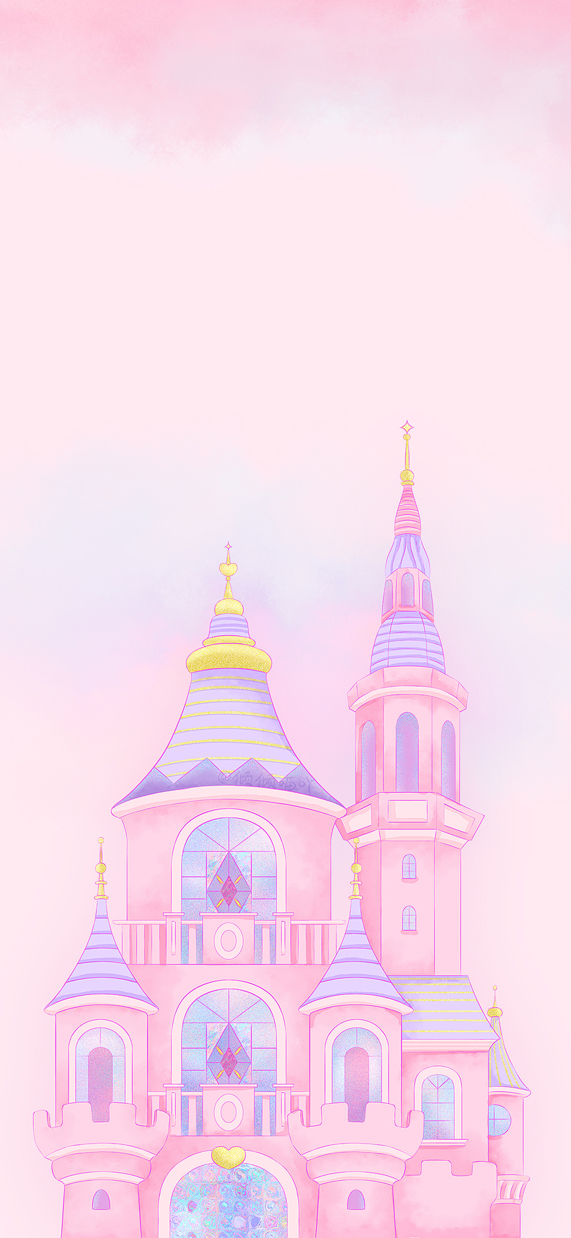[2436×1125]城堡 粉 建筑 插画 苹果手机动漫壁纸图片