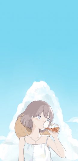 [2436x1125]夏日 清新 女孩 漫画 汽水 苹果手机动漫壁纸图片