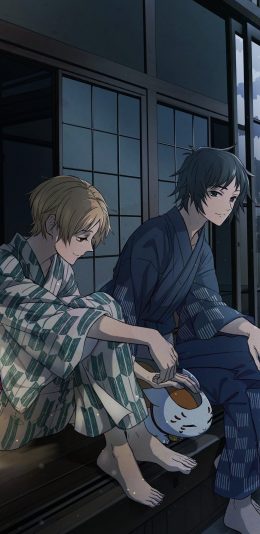 [2436x1125]夏目友人帐 动画 猫老师 贵志 夜晚 苹果手机动漫壁纸图片