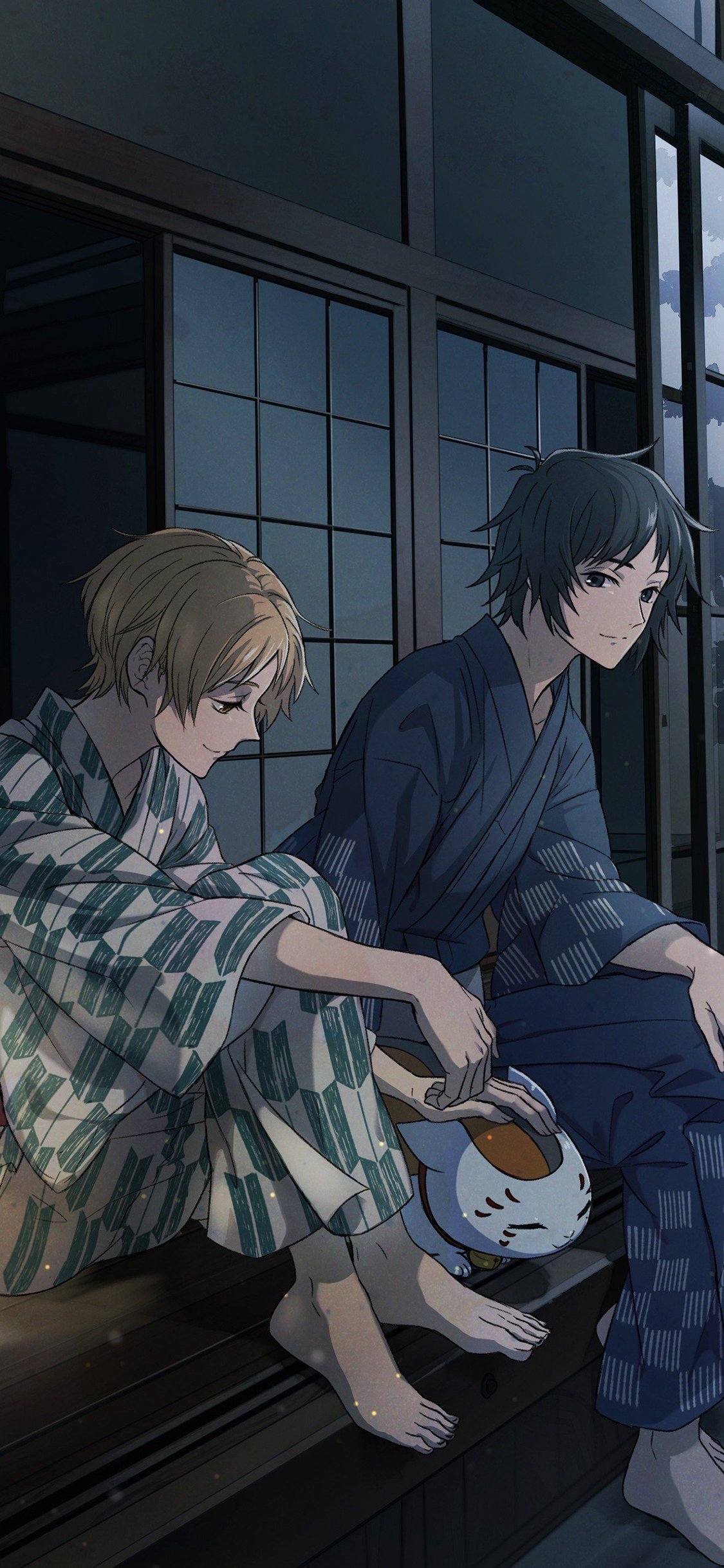 [2436×1125]夏目友人帐 动画 猫老师 贵志 夜晚 苹果手机动漫壁纸图片