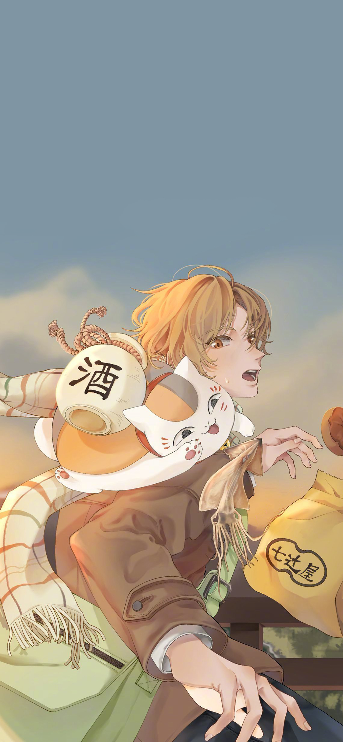 [2436×1125]夏目友人帐 动画 猫老师 贵志 街道 漫画 苹果手机动漫壁纸图片