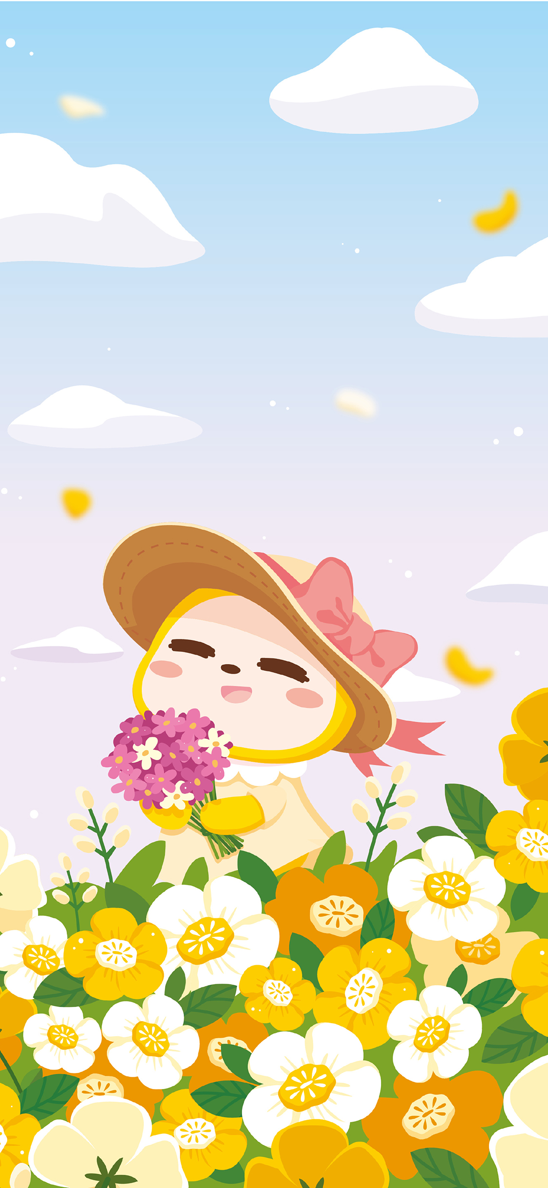 [2436×1125]夏萌猫 卡通 可爱 鲜花 浪漫 苹果手机动漫壁纸图片