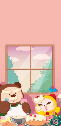 [2436x1125]夏萌猫 可爱 熊 蛋糕 烘焙 欢乐 苹果手机动漫壁纸图片