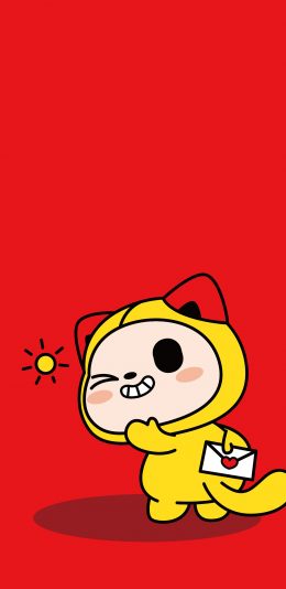 [2436x1125]夏萌猫 可爱 红色 猫咪 信封 回头 苹果手机动漫壁纸图片