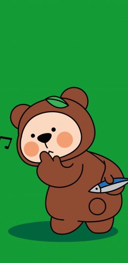 [2436x1125]夏萌猫 可爱 绿色 棕熊 鱼 回头 苹果手机动漫壁纸图片