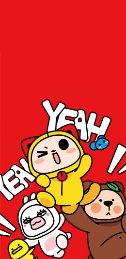 [2436x1125]夏萌猫 红色 欢乐 yeah 卡通 苹果手机动漫壁纸图片