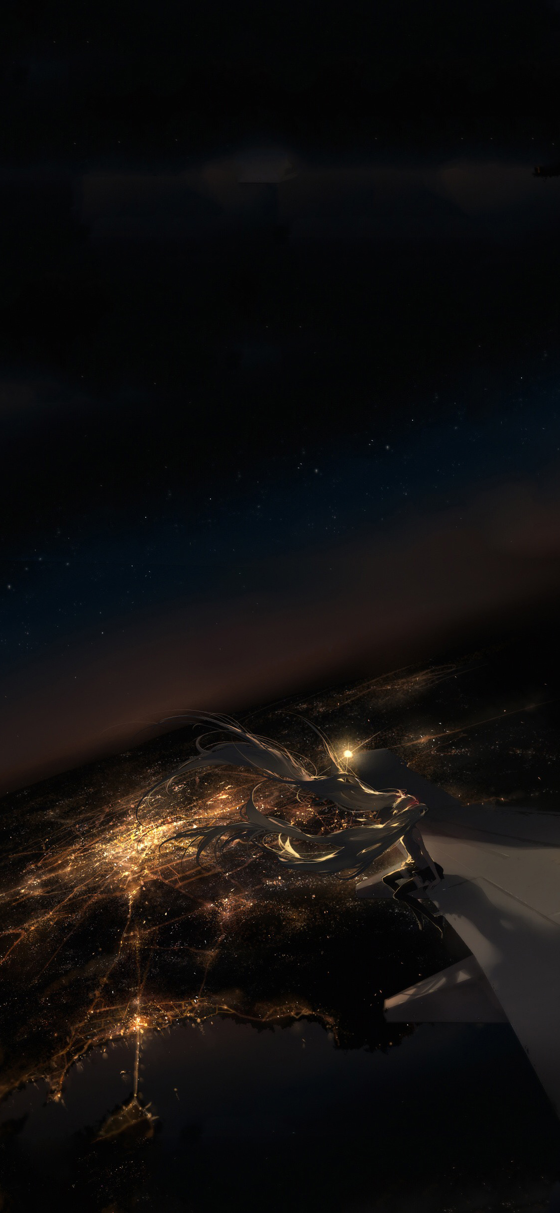 [2436×1125]夜 高空 城市 机翼 唯美 二次元 苹果手机动漫壁纸图片