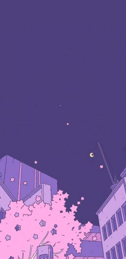 [2436x1125]夜晚 紫色 星空 建筑 星星 苹果手机动漫壁纸图片