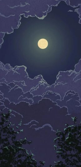 [2436x1125]夜景 插图 月亮 云层 苹果手机动漫壁纸图片