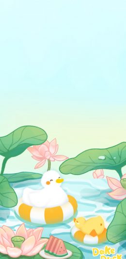 [2436x1125]大可鸭 可爱 荷花 鸭子 苹果手机动漫壁纸图片