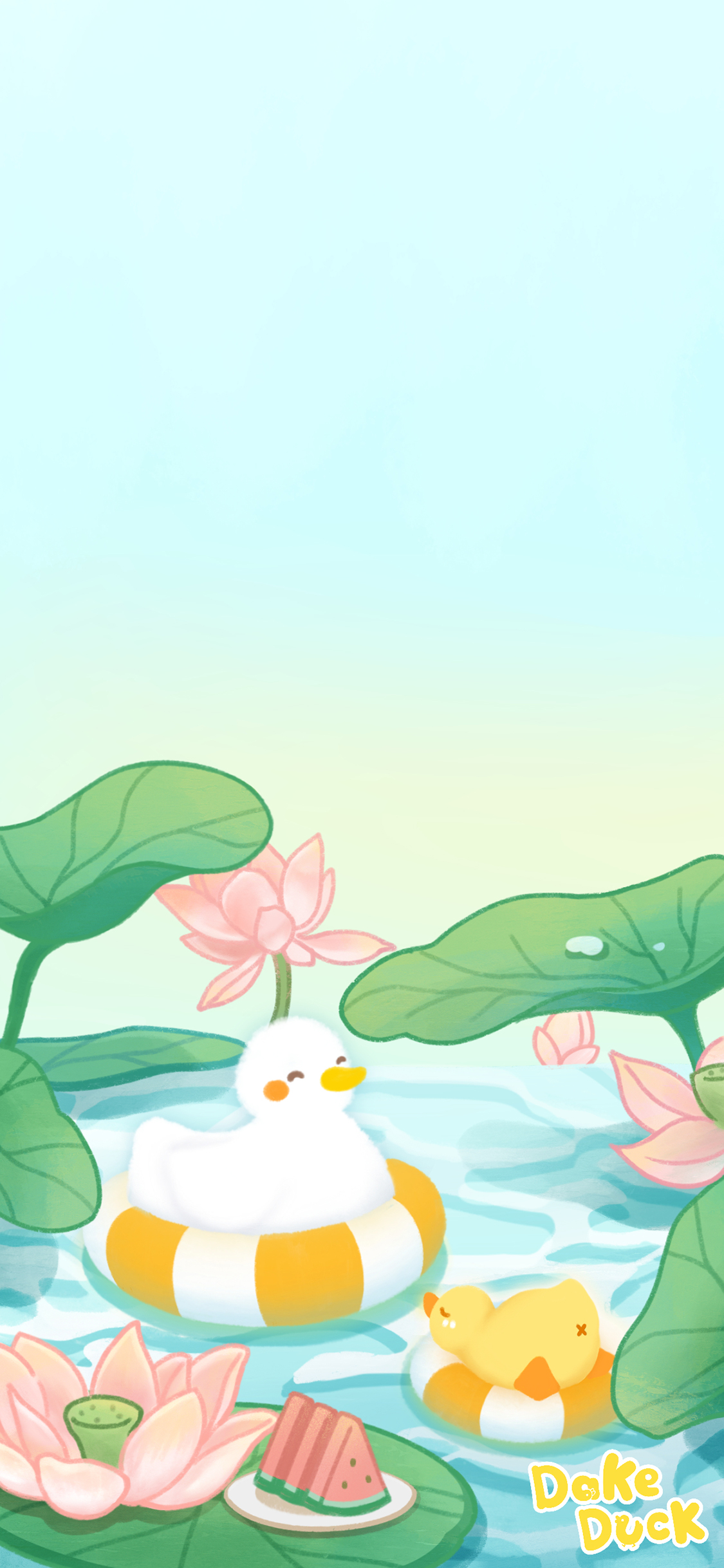 [2436×1125]大可鸭 可爱 荷花 鸭子 苹果手机动漫壁纸图片