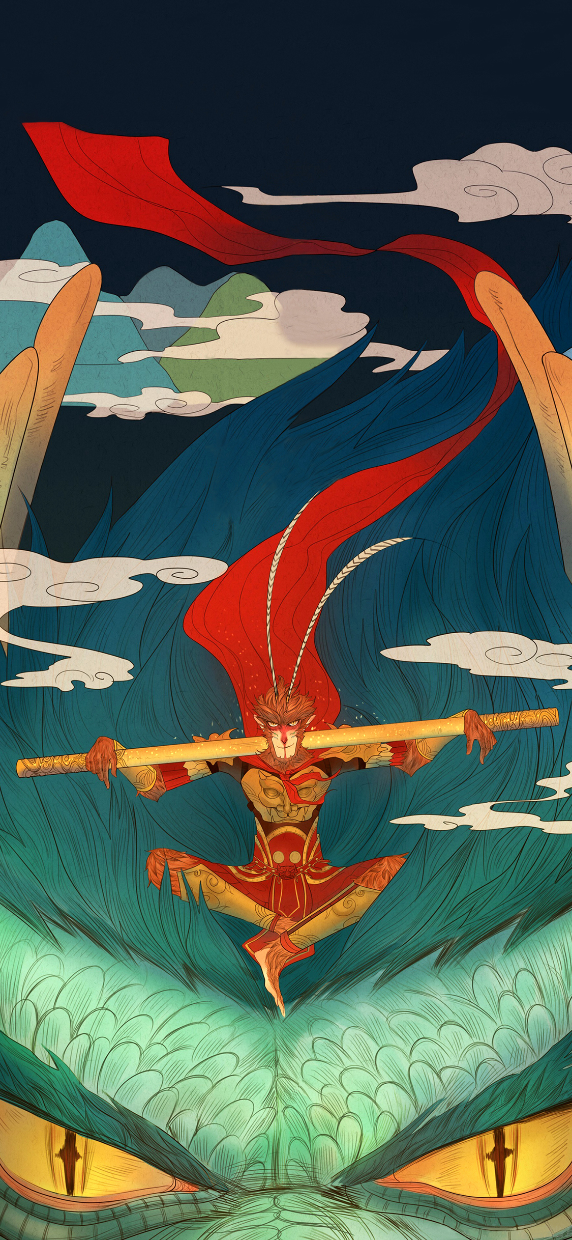 [2436×1125]大圣归来 孙悟空 手绘 金箍棒 美猴王 苹果手机动漫壁纸图片