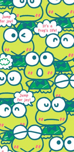 [2436x1125]大眼蛙可洛比 青蛙 绿色 三丽鸥 卡通 平铺 苹果手机动漫壁纸图片