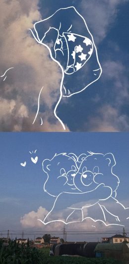 [2436x1125]天空 彩虹熊 爱心熊 简笔 苹果手机动漫壁纸图片