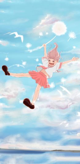 [2436x1125]天空场景 动漫少女 蒲公英 苹果手机动漫壁纸图片