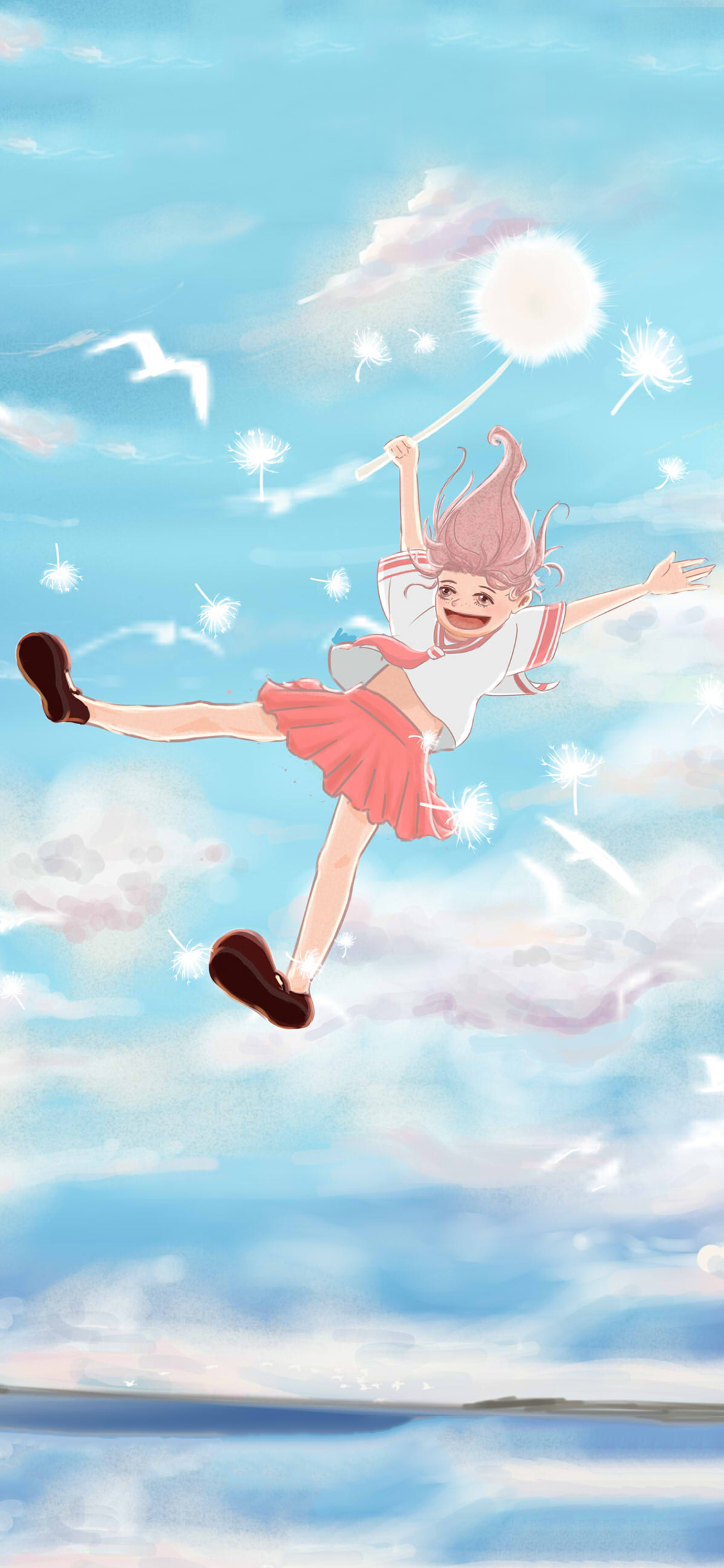 [2436×1125]天空场景 动漫少女 蒲公英 苹果手机动漫壁纸图片