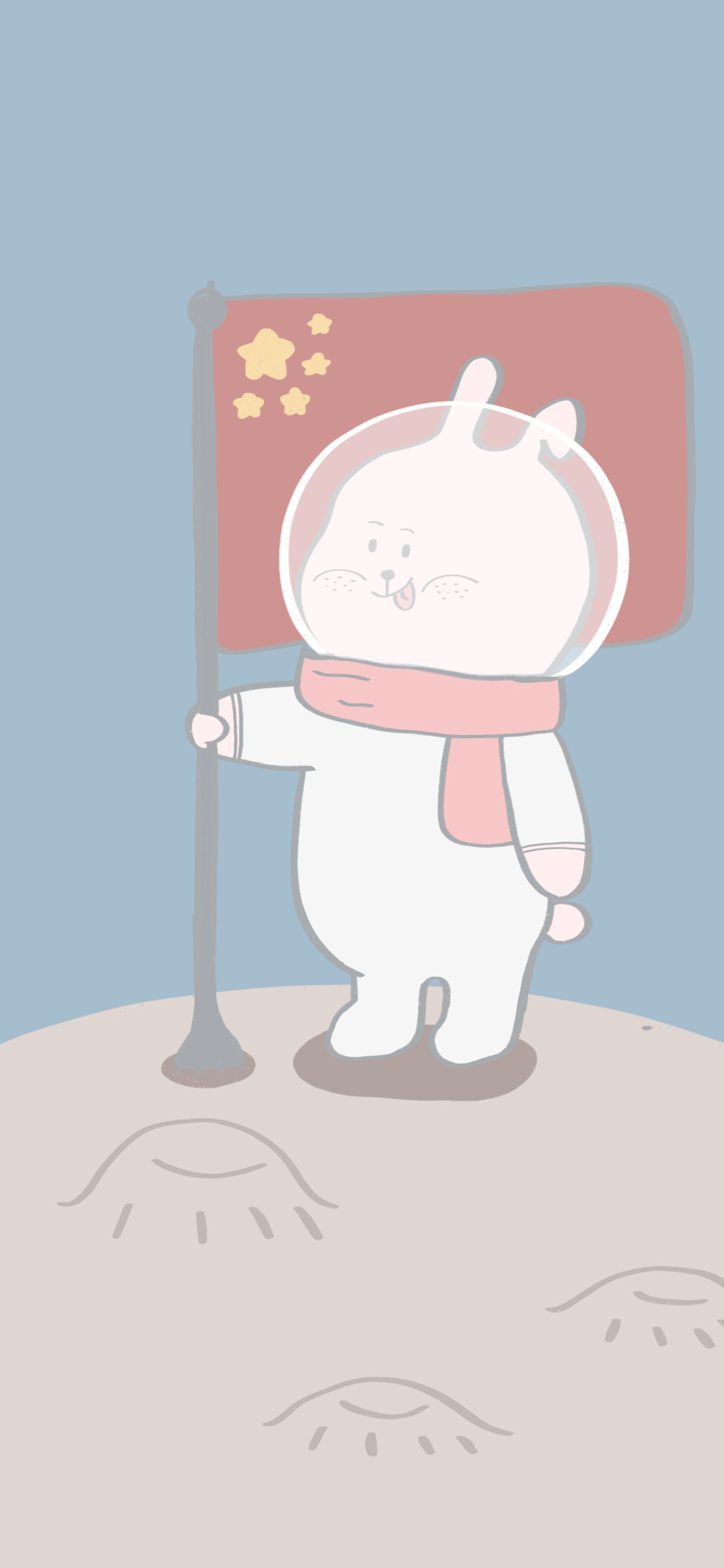 [2436×1125]太空 兔子 五星红旗 国旗（取自微博：寄喜饼给你喔） 苹果手机动漫壁纸图片