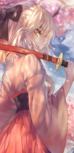 [2436x1125]女侠 少女 漫画 剑 樱花 和服 苹果手机动漫壁纸图片