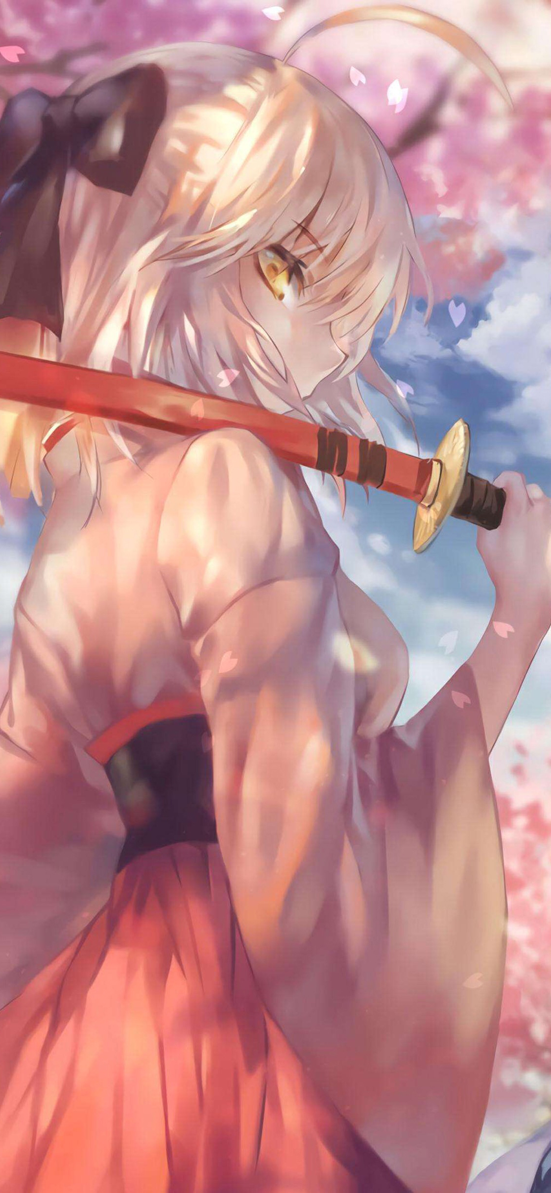 [2436×1125]女侠 少女 漫画 剑 樱花 和服 苹果手机动漫壁纸图片