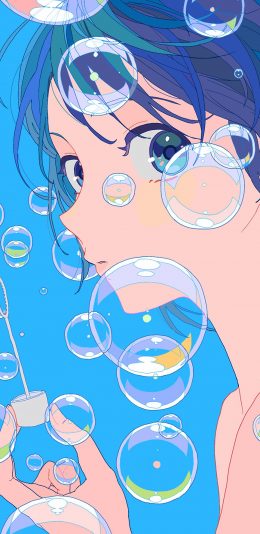 [2436x1125]女子 女孩 蓝色 吹泡泡 漫画 苹果手机动漫壁纸图片