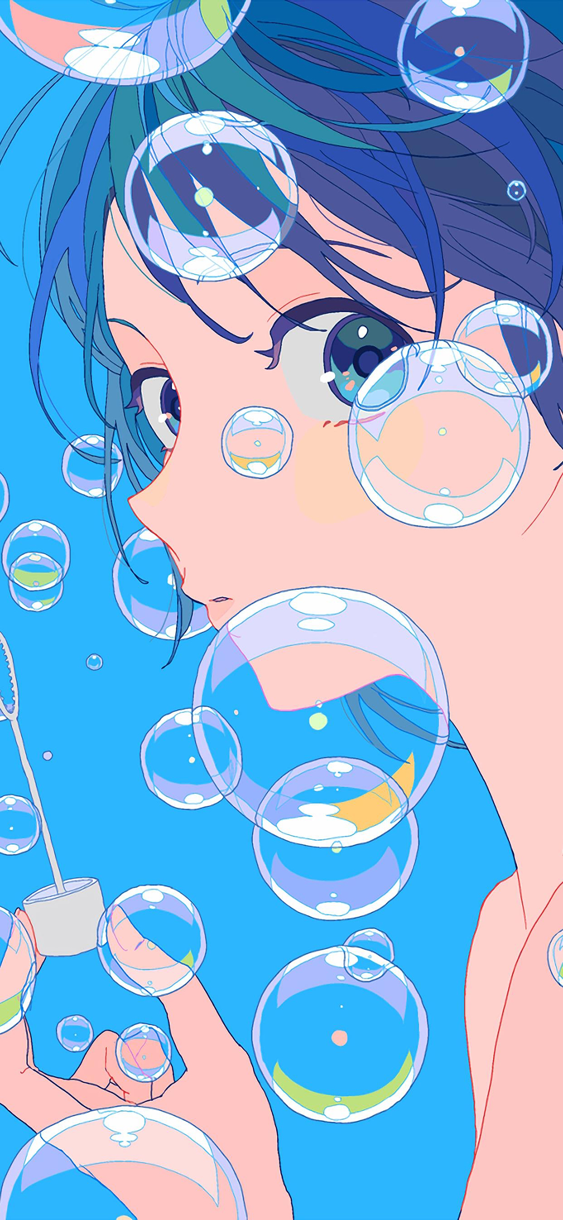 [2436×1125]女子 女孩 蓝色 吹泡泡 漫画 苹果手机动漫壁纸图片