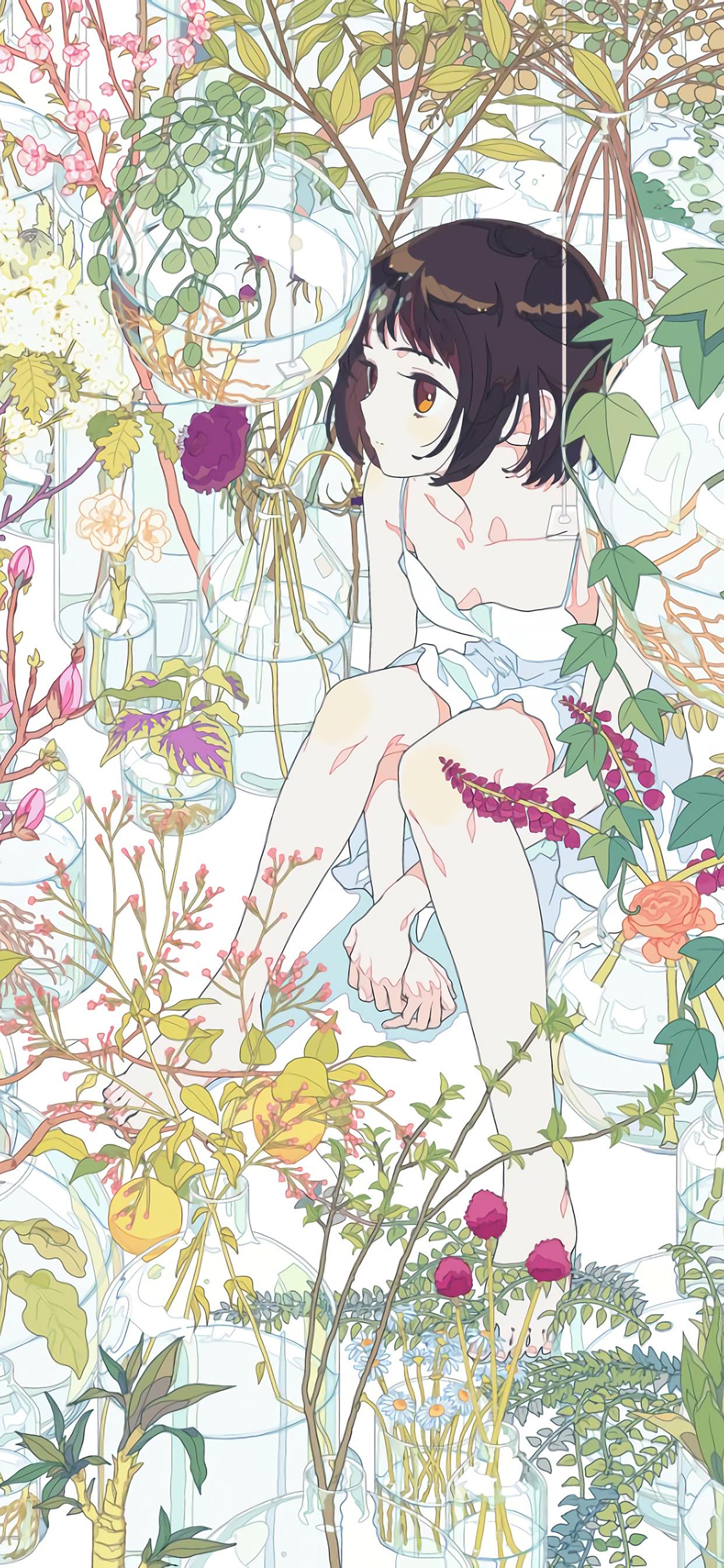 [2436×1125]女孩 二次元 花 漫画 苹果手机动漫壁纸图片
